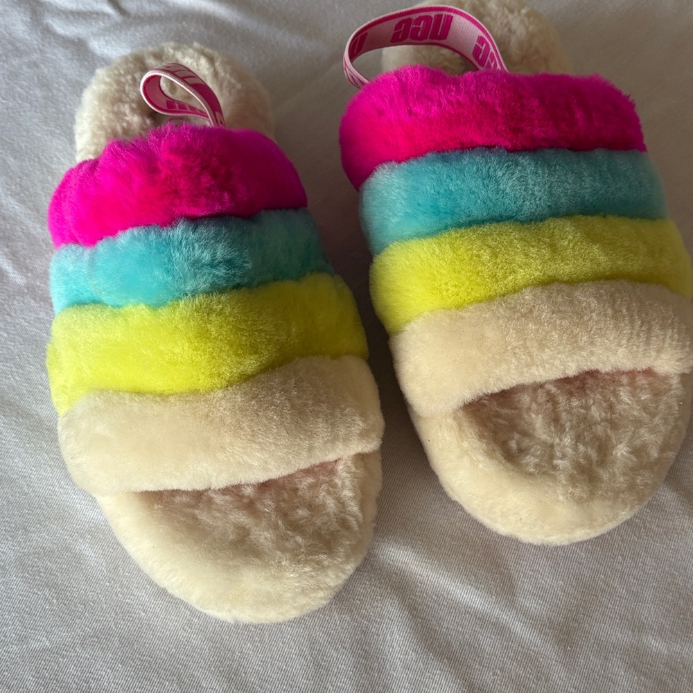 UGG Multicolor Fluffy Slippers, run larger than size 5, fit up to W-7-8